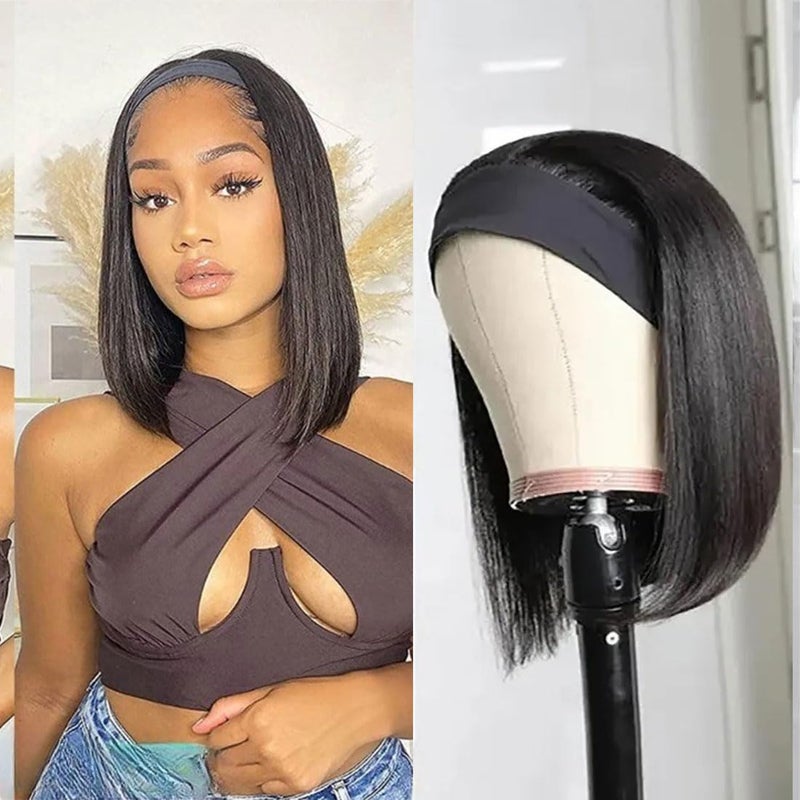 Headband Bob Wig Human Hair Short Straight Headband Bob Wigs Human Hair for Black Women Wear and Go Glueles Wigs 150 Density None Lace Brazilian Virgin Hair 8 Inch